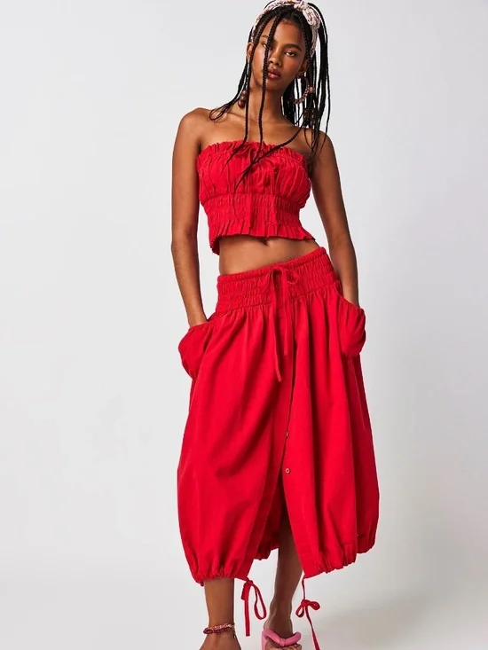 Free People All The Things Set Scarlet Glow Red Crop Top Skirt Set NWT Size S - Picture 1 of 9